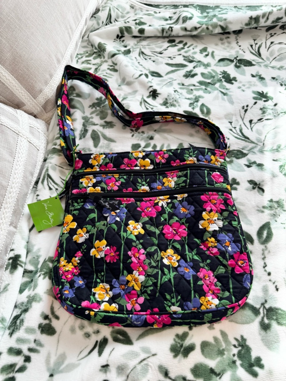 Vera Bradley Black Floral Quilted Crossbody w/ Pink, Yellow & Purple Flowers NWT